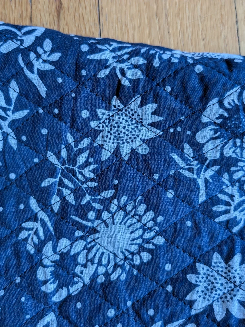 Vintage Navy Blue Quilted Floral Vest with Cream Trim XL 100% Cotton